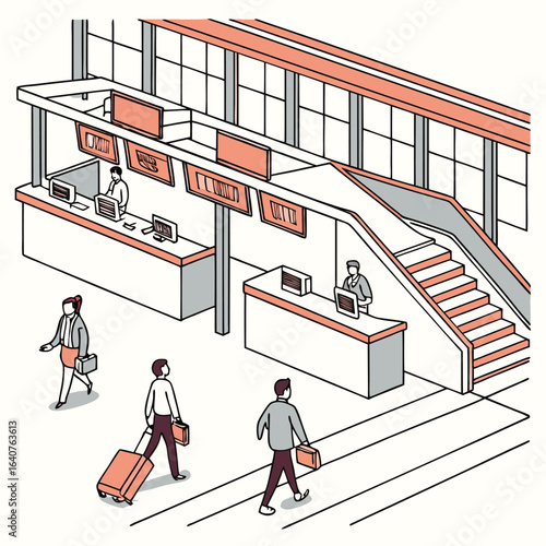 Isometric illustration of travelers in an airport or transportation terminal interior