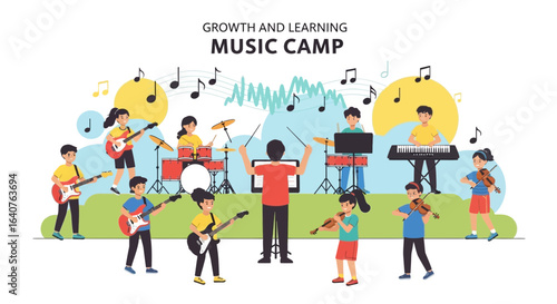 Engaging Music Camp Illustration: Growth and Learning Through Musical Instruments and Harmony