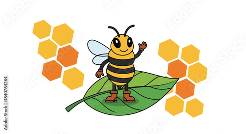 Friendly Bee Character Standing On A Leaf Near Honeycomb Pattern Elements