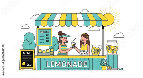 Fresh Lemonade Stand With Friendly Service On A Sunny Day Illustration