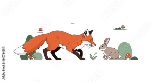 Foxy Encounter In The Forest Adorable Flat Illustration Style And Peaceful Environment