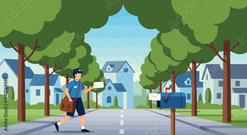 Friendly Neighborhood Mailman Delivering Letters On A Serene Suburban Street