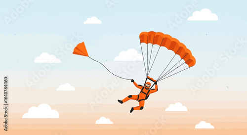 Enjoying Freedom Parachuting Under Orange Canopy Above Sky With Clouds