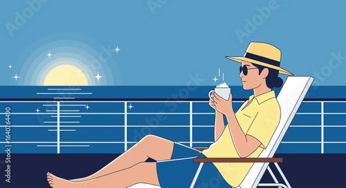 Enjoying Morning Coffee On Cruise Vacation At Sunrise Illustration