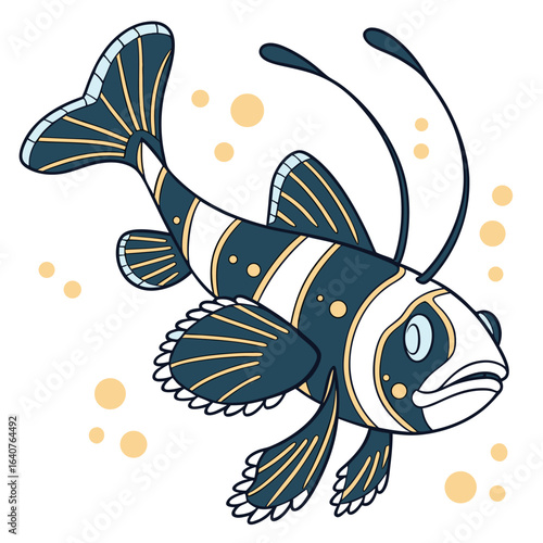 Stylized deep sea anglerfish illustration swimming through a field of golden bubbles