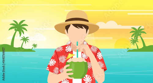 Enjoying Tropical Vacation On Beach Sipping Coconut Water In Summer