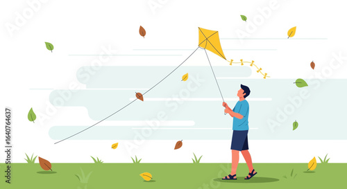 Enjoying Weekend Leisurely Activity Of Flying A Kite Outdoors In Breezy Weather