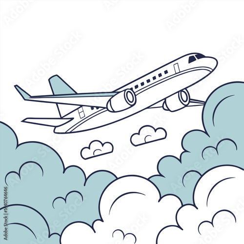 Stylized illustration of a modern airplane taking off through a cloudy sky