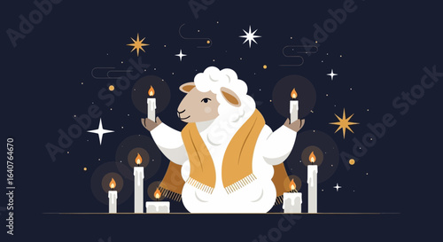 Enlightened Sheep Celebrating with Candles Amidst a Starry Night Landscape