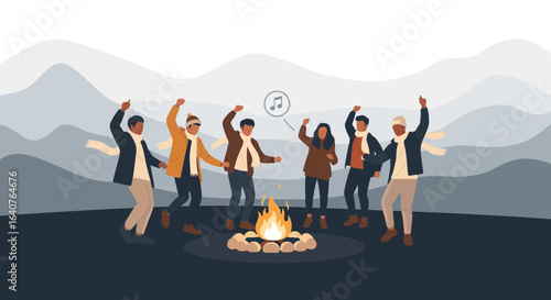 Friends Gathered Around Campfire For an Evening of Storytelling and Music