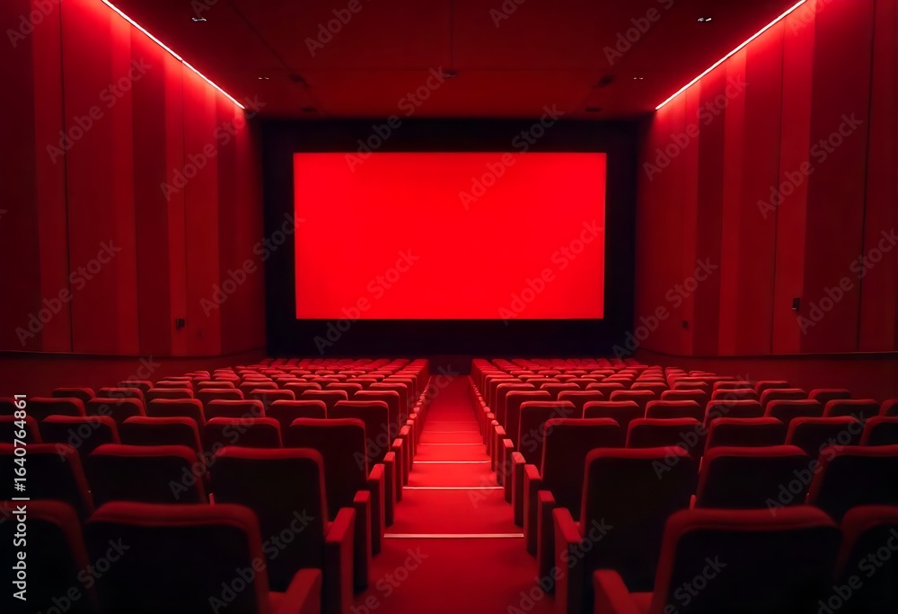 Fototapeta premium Generative AI Image of an Empty Cinema: Red Seats, Screen, and Auditorium, Cinematic Atmosphere