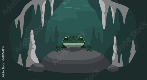 Frog Sitting on Rock in Cave With Stalactites And Underground Lake View