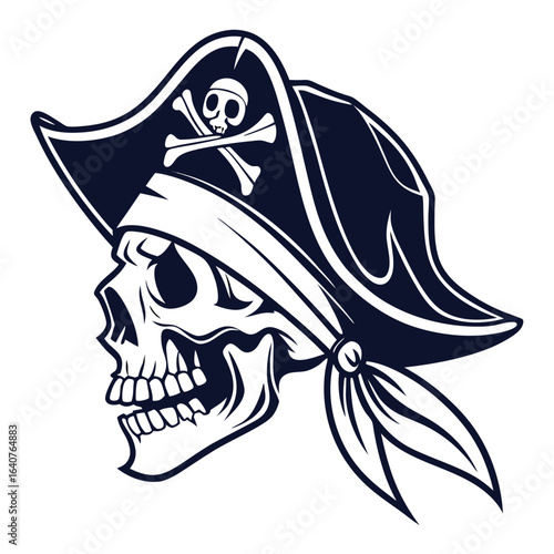 Stylized pirate skull with hat and crossed bones for tattoo illustration