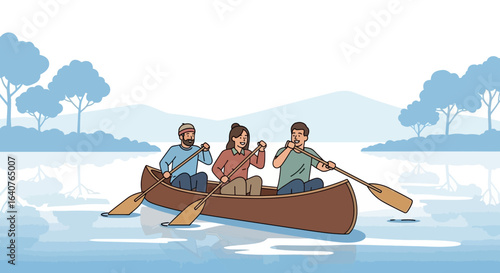 Enthusiastic friends paddling a canoe on calm water enjoying outdoor recreation and adventure creating lasting memories together surrounded by nature