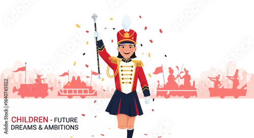 Enthusiastic Majorette Girl Leading a Vibrant Parade Celebration Festive Scene