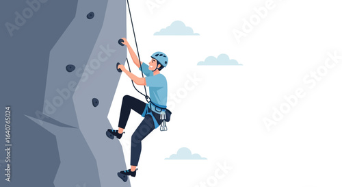 Enthusiastic Man Rock Climbing Against a Wall with Clear Blue Sky on the Side
