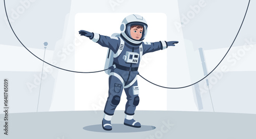 Enthusiastic little astronaut explores imaginary space station with spread arms and full suit