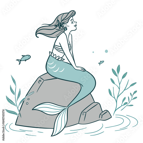 Whimsical Mermaid on a Rock Contemplating the Vastness of the Ocean
