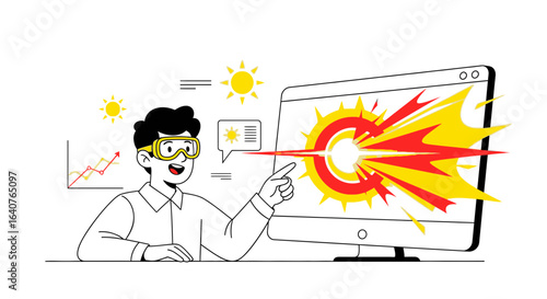 Enthusiastic scientist in safety goggles presents breakthrough research results online