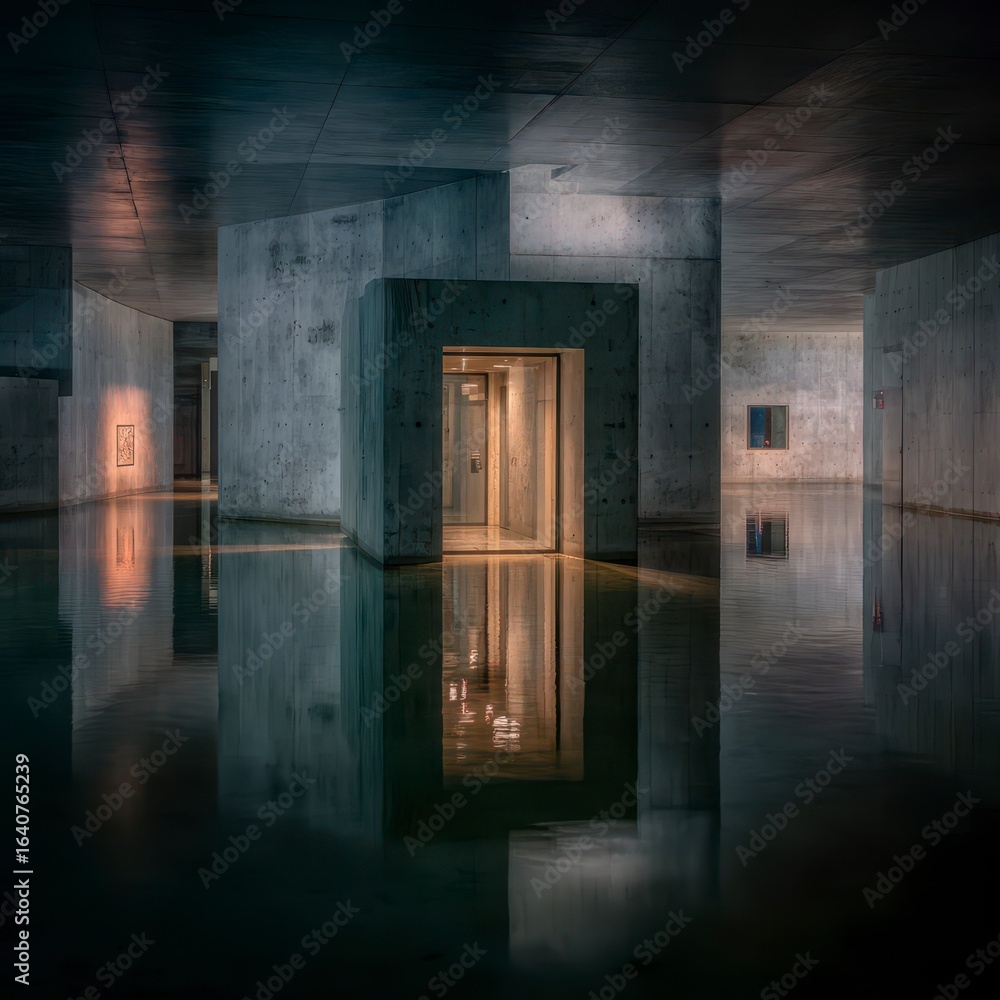 Obraz premium Concrete bunker, flooded interior, reflections