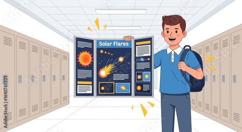 Enthusiastic Student Presents Captivating Solar Flares Project in School Hallway