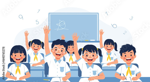 Enthusiastic students actively participating in class with raised hands and joyful expressions in a bright classroom setting