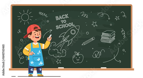 Enthusiastic young boy drawing back to school theme on a chalkboard illustration