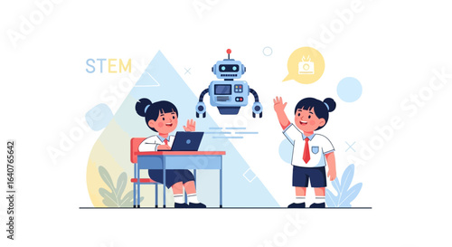 Enthusiastic young students engage with robotics and coding in STEM education classroom for future careers and innovation