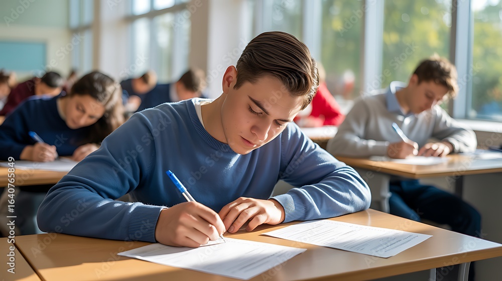 Fototapeta premium Focused student diligently writing during important exam in bright, modern classroom setting