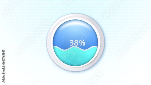 Loading level template of liquid and bubbles in a round container with numbers and percentages. Bright colors. Horizontal. 4k
