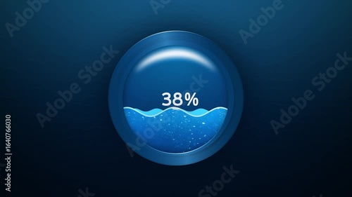 Template of loading level from water and bubbles in a round container with numbers and percentages. Dark shades of blue. Horizontal. 4k