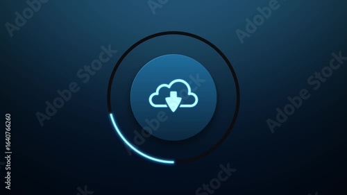 Cloud storage download template with neon cloud icons and arrow moving outward. Glowing line in circle shape illustrating process. Looped. Horizontal, 4k.