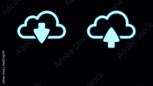Neon icon animation template with glowing effect of cloud storage and arrow on black background. 2 in 1. Horizontal, 4k.