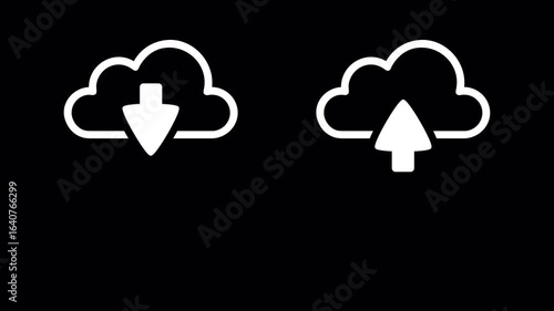 White cloud storage icon and arrow animation template on black background. 2 in 1. Horizontal, 4k.