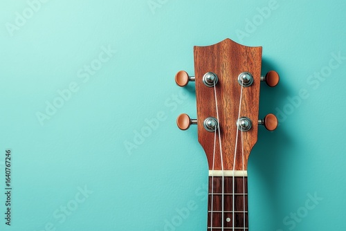 Brown wooden ukulele headstock on light blue background.