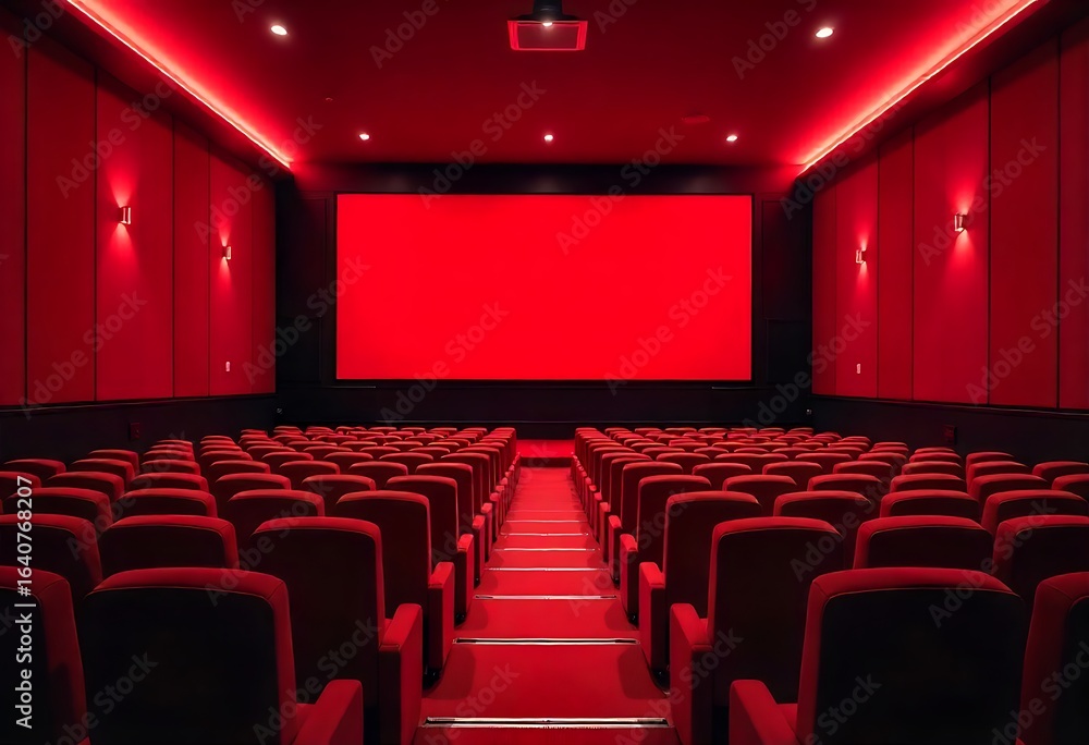 Fototapeta premium Generative AI: Interior Cinema Auditorium with Crimson Hues and Seating Arrangement, Cinematic