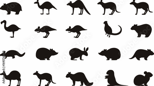 Silhouette collection featuring various animals including kangaroos, birds, and rodent like creatures