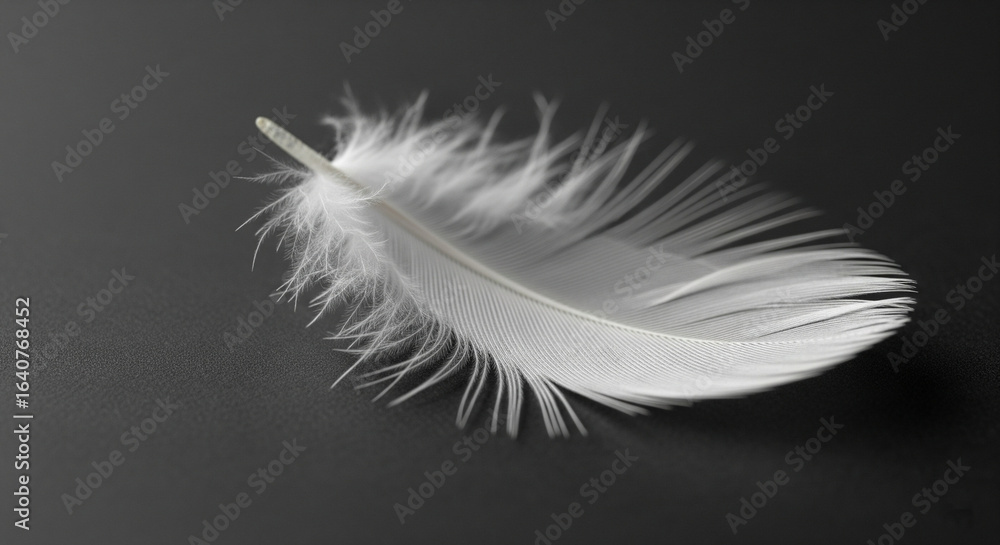 Obraz premium Minimalist close-up of white feather on black background with soft lighting