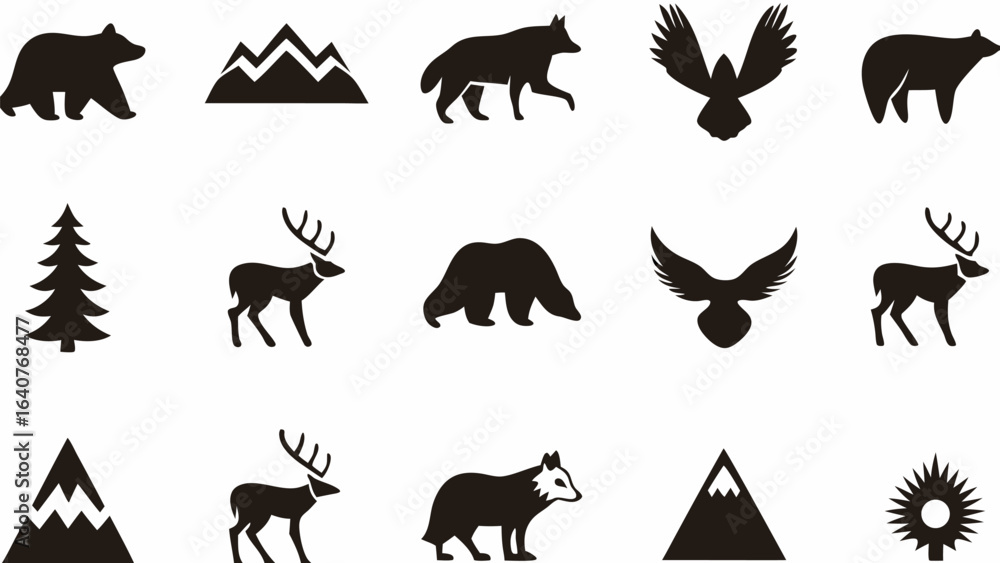 Fototapeta premium Black silhouette of forest animals and nature elements including bear wolf deer eagle and mountains design