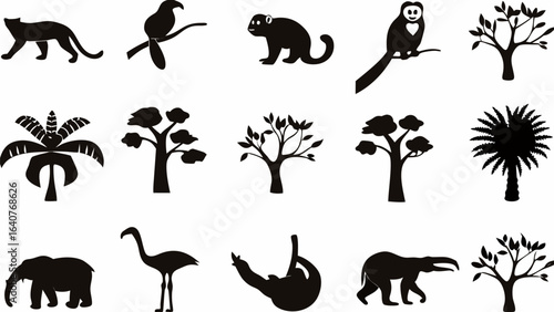 Illustration of various animals and trees silhouettes on a white background in black color scheme