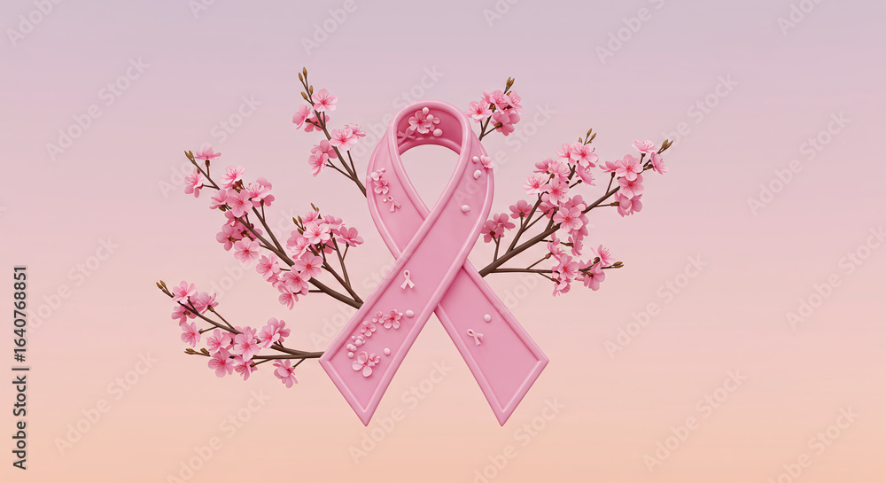 Obraz premium Pink Ribbon with Cherry Blossoms Breast Cancer Awareness Symbol