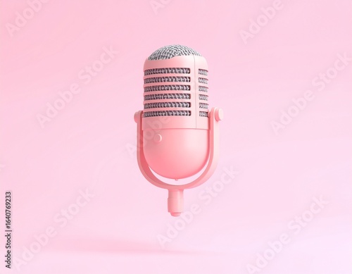 Floating wireless microphone on pink background for audio and music recording concept. Generated image