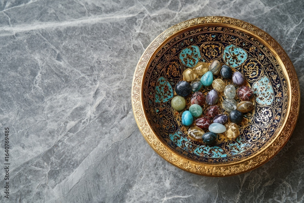 Fototapeta premium Small, colorful gemstones in a decorative bowl on a gray marble surface