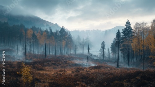 A serene mist-covered forest captures the essence of tranquility. Nature in harmony with subtle atmospheric tones brings peace. Explore this captivating landscape. Generative AI