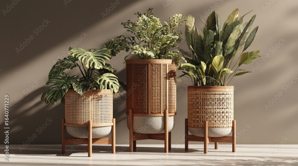 Fototapeta premium Elegant indoor plants in rattan baskets on wooden stands showcase natural decor