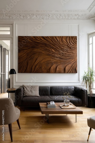 Modern living room with a wood wall art piece