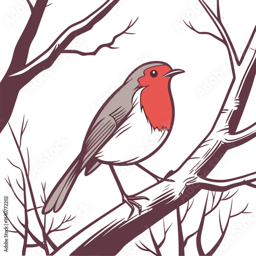 A digitally drawn European robin perched on a bare winter branch