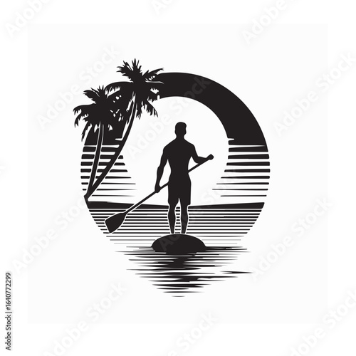 Stand up paddle boarding on a quiet sea silhouette vector isolated on white background.