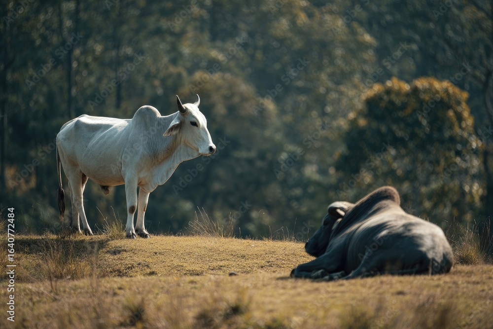 Obraz premium Two cows on a grassy hill