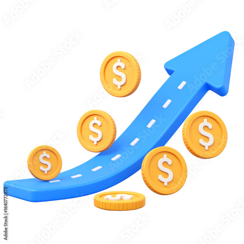 Blue upward arrow with dotted line and gold coins featuring dollar signs, symbolizing financial growth, profit increase, and economic success in modern, optimistic style